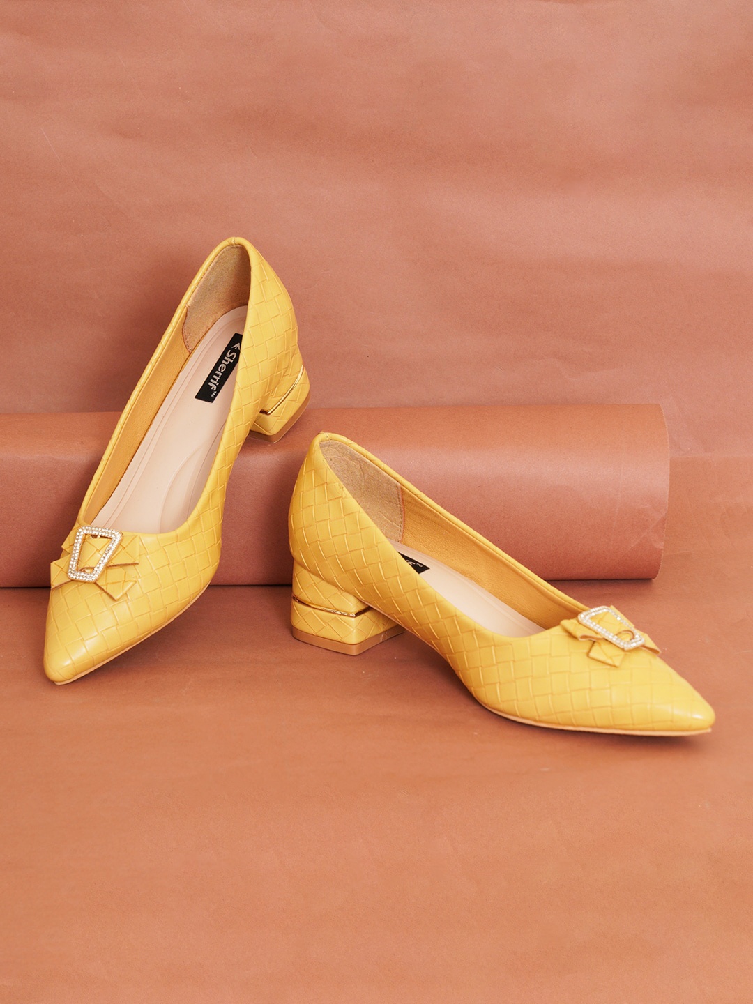 

Sherrif Shoes Pointed Toe Block Pumps with Bows, Yellow