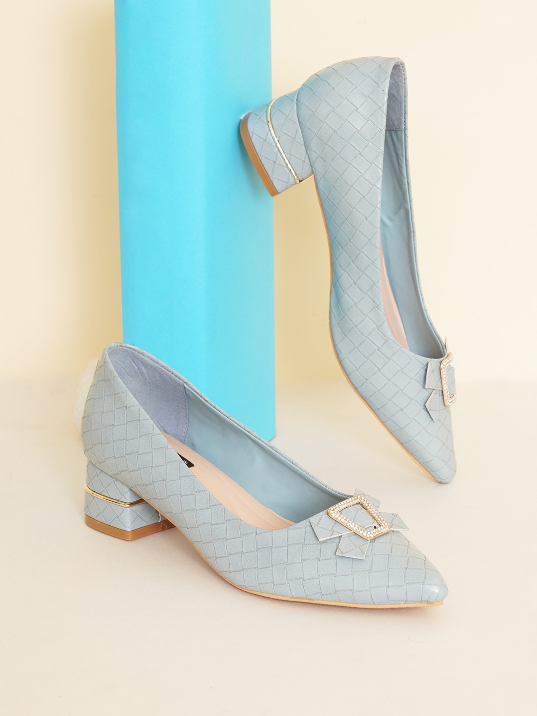 

Sherrif Shoes Textured Block Pumps with Bows, Blue