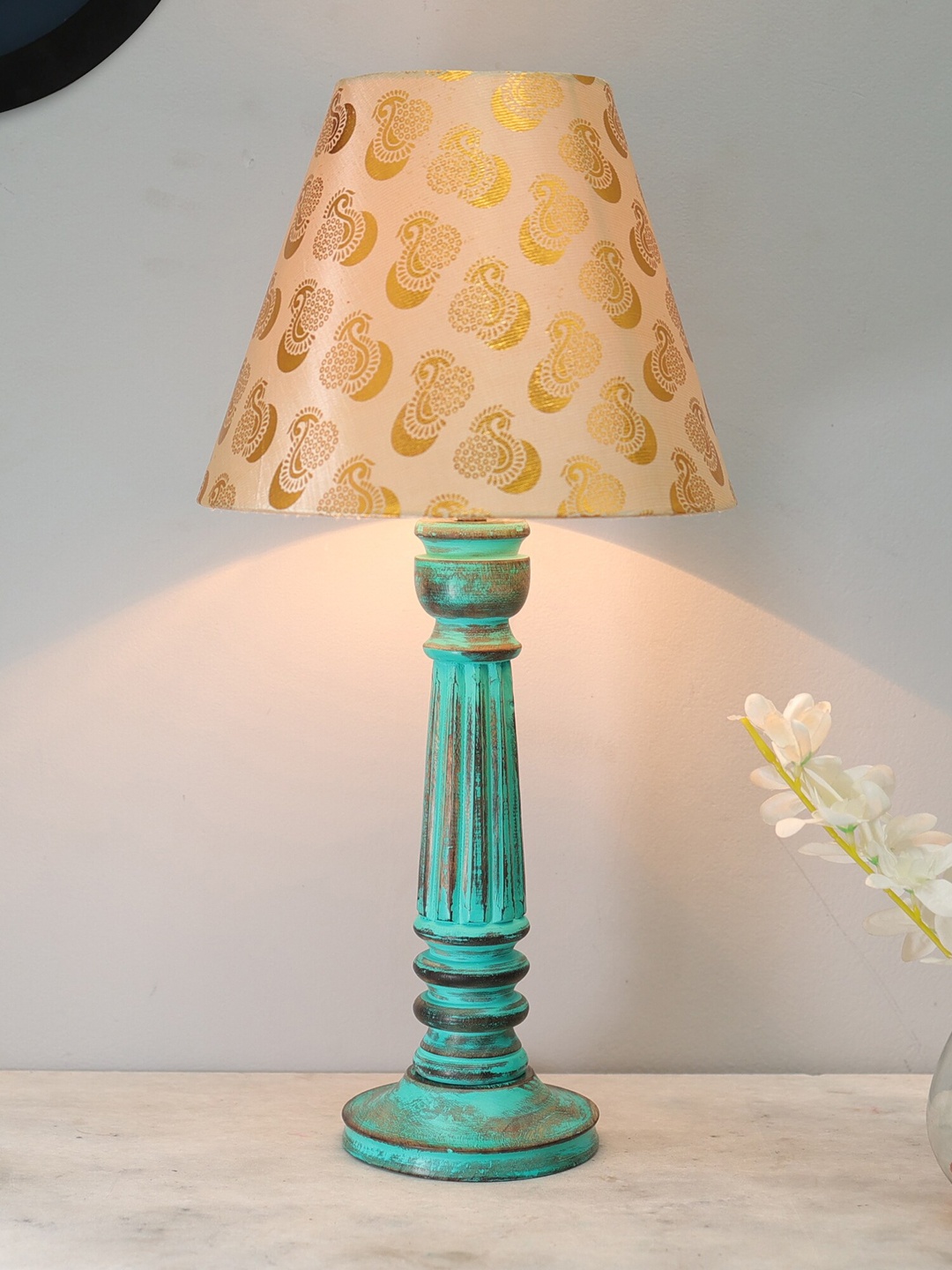 

Homesake Traditional Country Cottage Gold-Toned & Blue Algae Athens Table Lamp & Shade