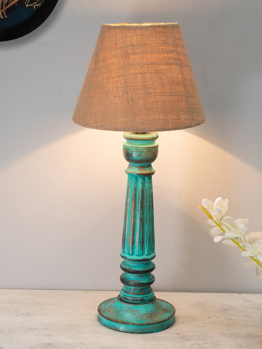 

Homesake Traditional Country Cottage Brown & Blue Wooden Antique Table Lamp & Jute Shade