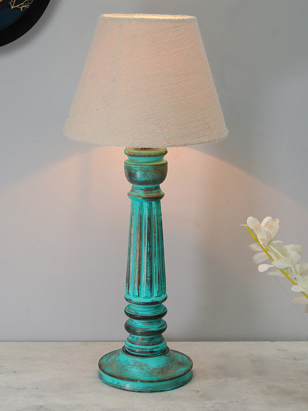 

Homesake White & Blue Traditional Wooden Distressed Table Lamp With Jute Shade