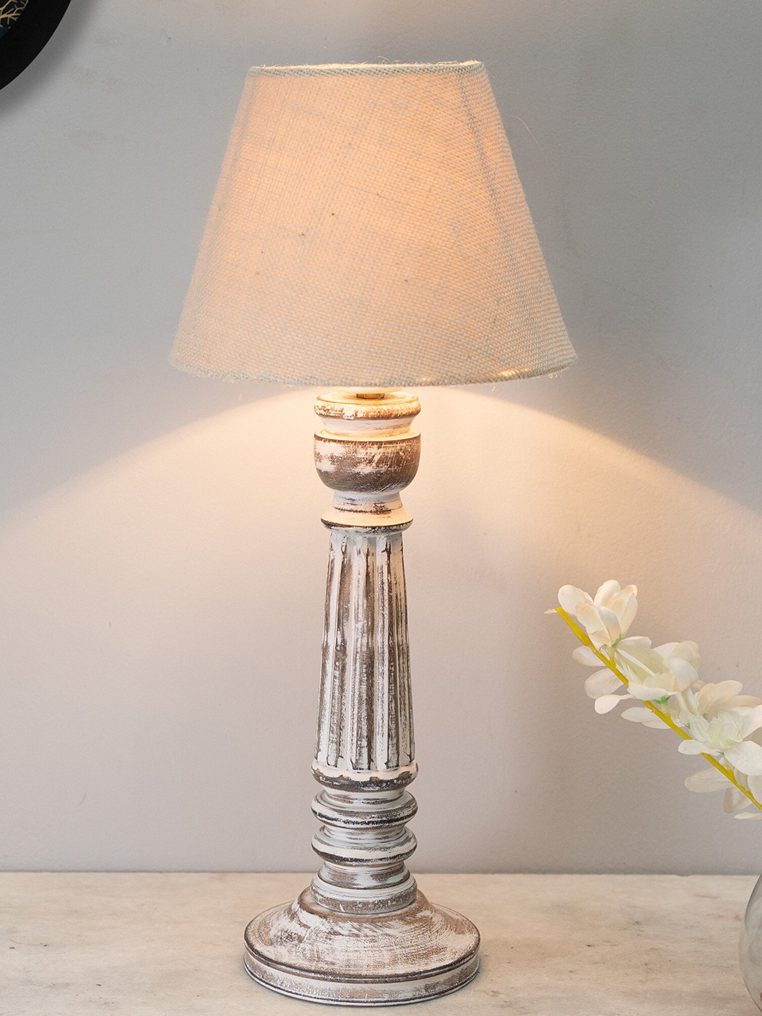 

Homesake White Traditional Country Cottage Distressed Wooden Table Lamp With Jute Shade