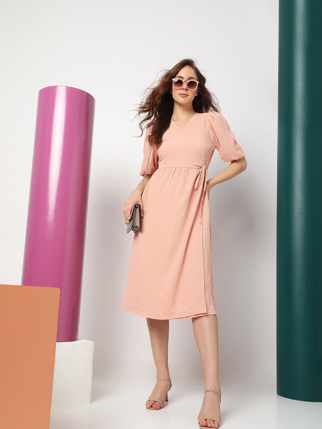 

Vero Moda Puff Sleeve Wrap Midi Dress, Pink