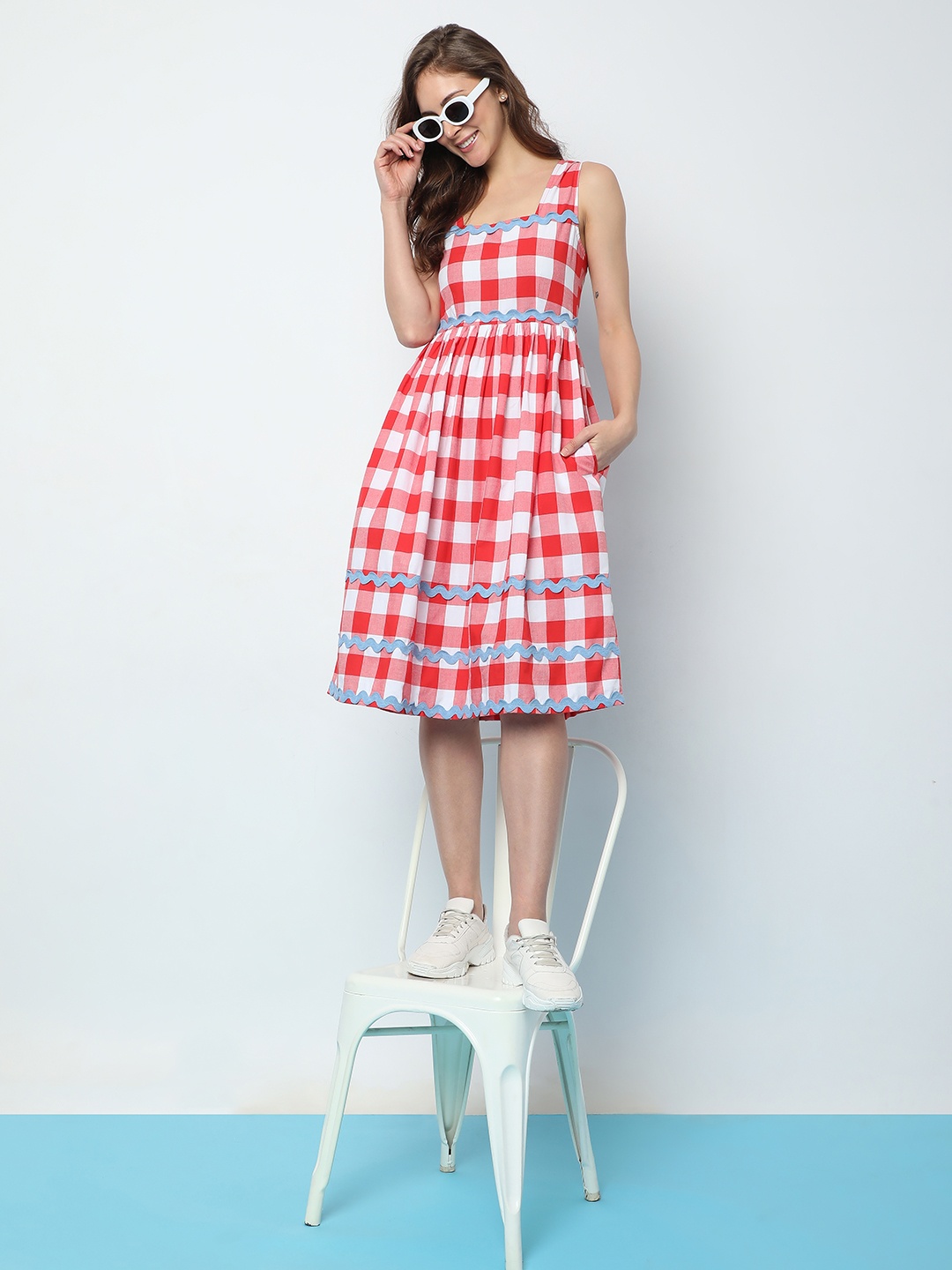 

Vero Moda Checked Cotton Fit and Flare Dress, Red