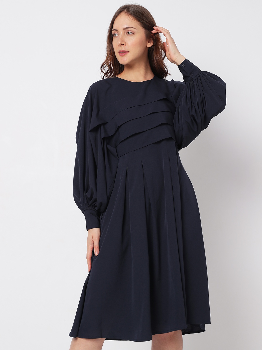 

Vero Moda Puff Sleeves Round Neck A-Line Dress, Navy blue