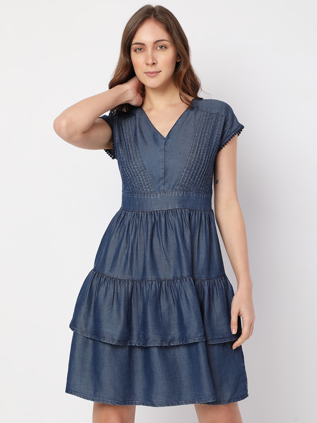 

Vero Moda Tiered V-Neck Mini Fit And Flare Dress, Navy blue