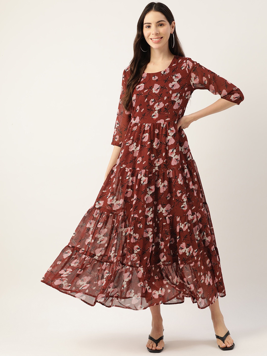 

Deewa Maroon & White Floral Georgette Maxi Dress