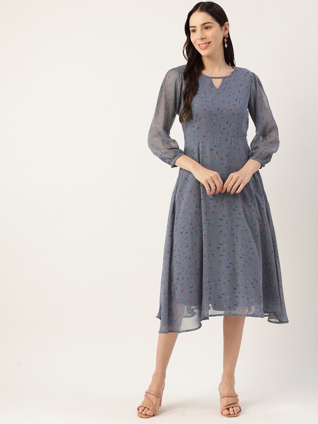 

Deewa Blue Floral Keyhole Neck Georgette A-Line Midi Dress