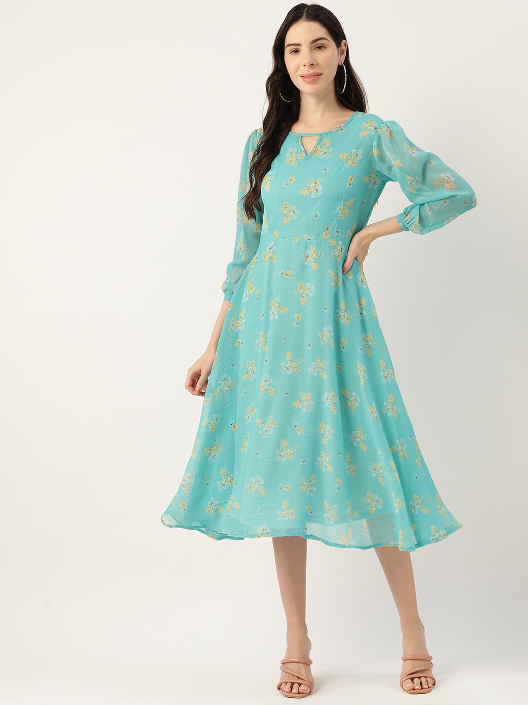 

Deewa Turquoise Blue Floral Keyhole Neck Georgette A-Line Midi Dress