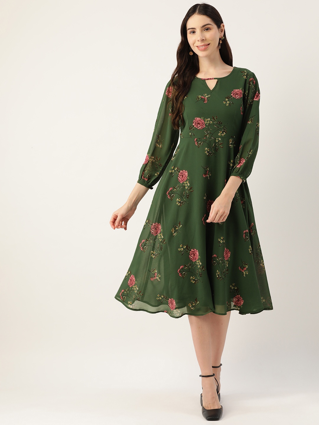 

Deewa Green & Pink Floral Keyhole Neck Georgette A-Line Midi Dress
