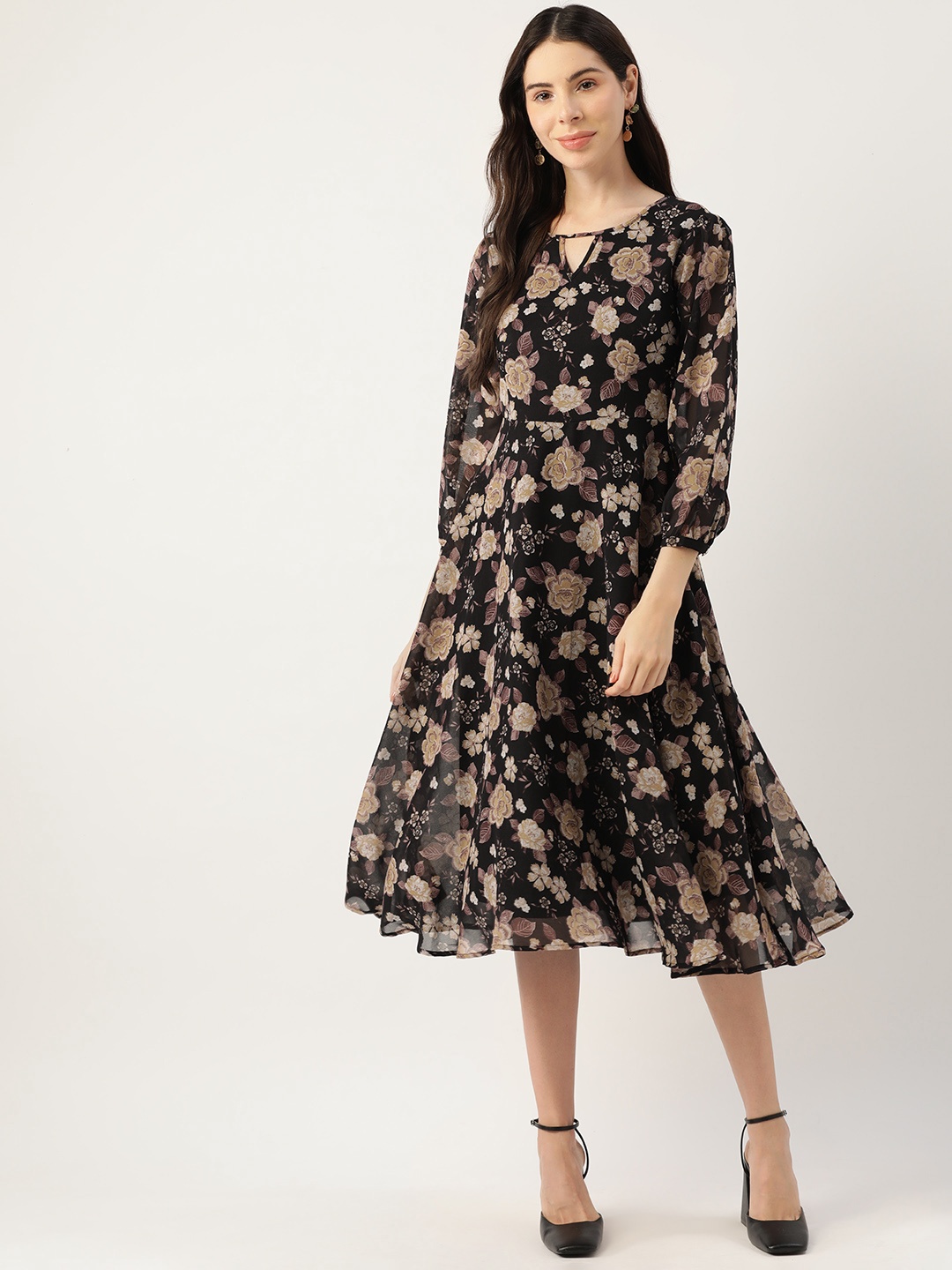 

Deewa Black & Peach-Coloured Floral Keyhole Neck Georgette A-Line Midi Dress