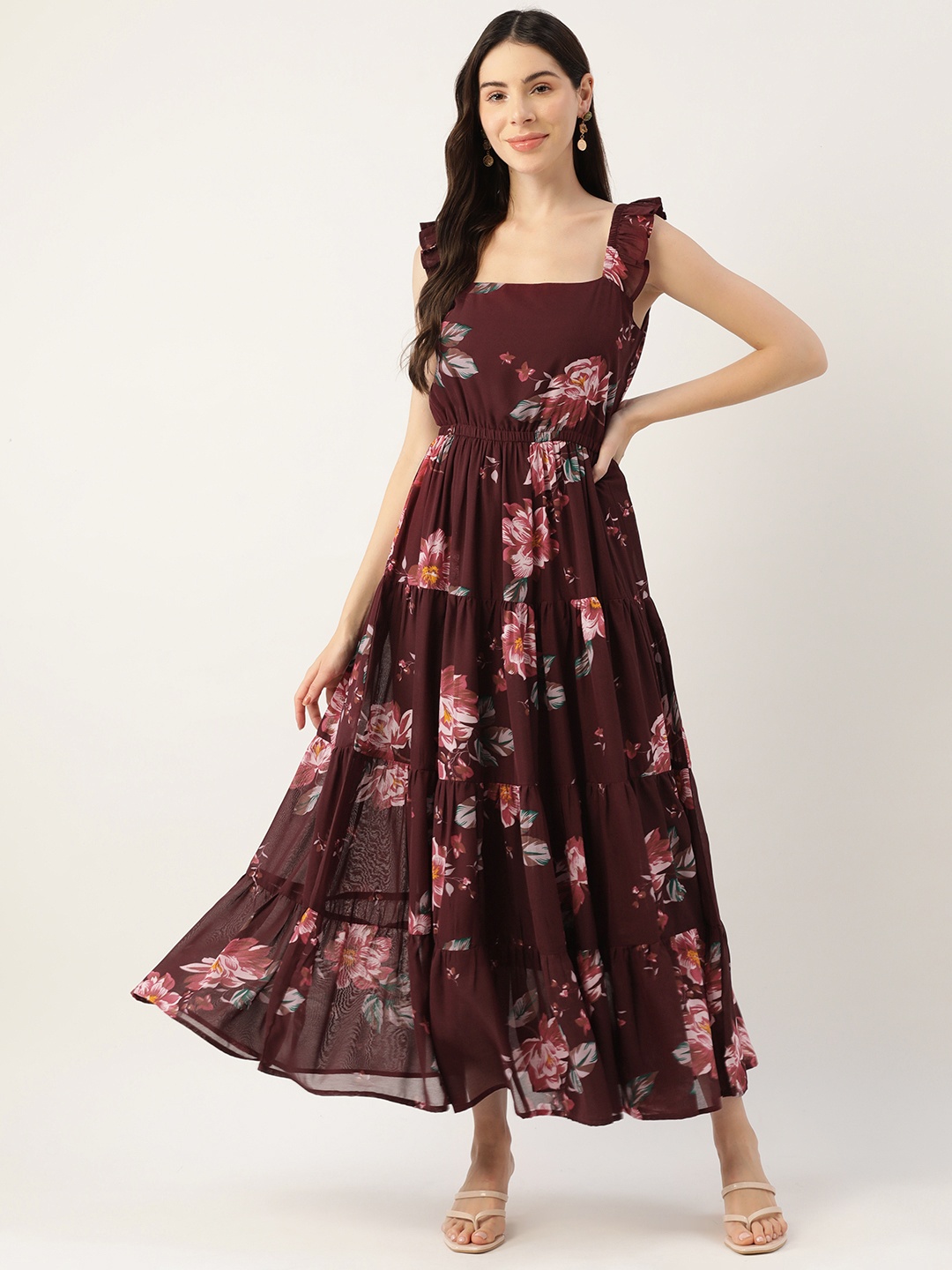 

Deewa Maroon Floral Georgette A-Line Maxi Dress