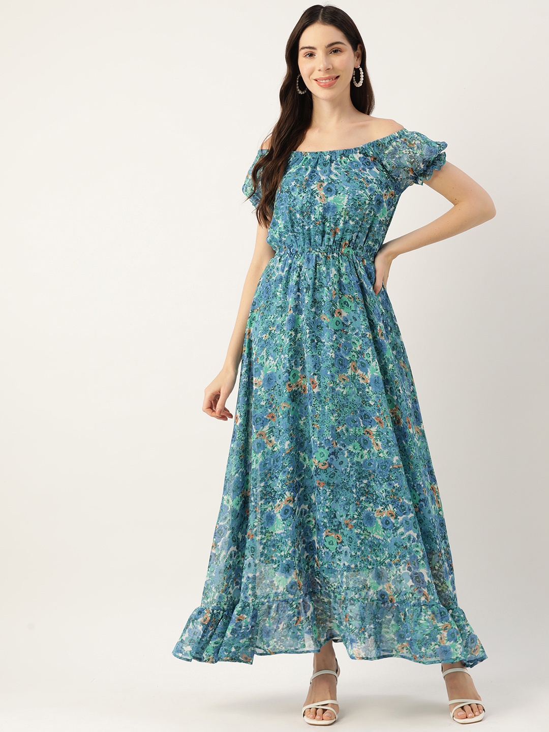 

Deewa Blue Floral Off-Shoulder Georgette Maxi Dress