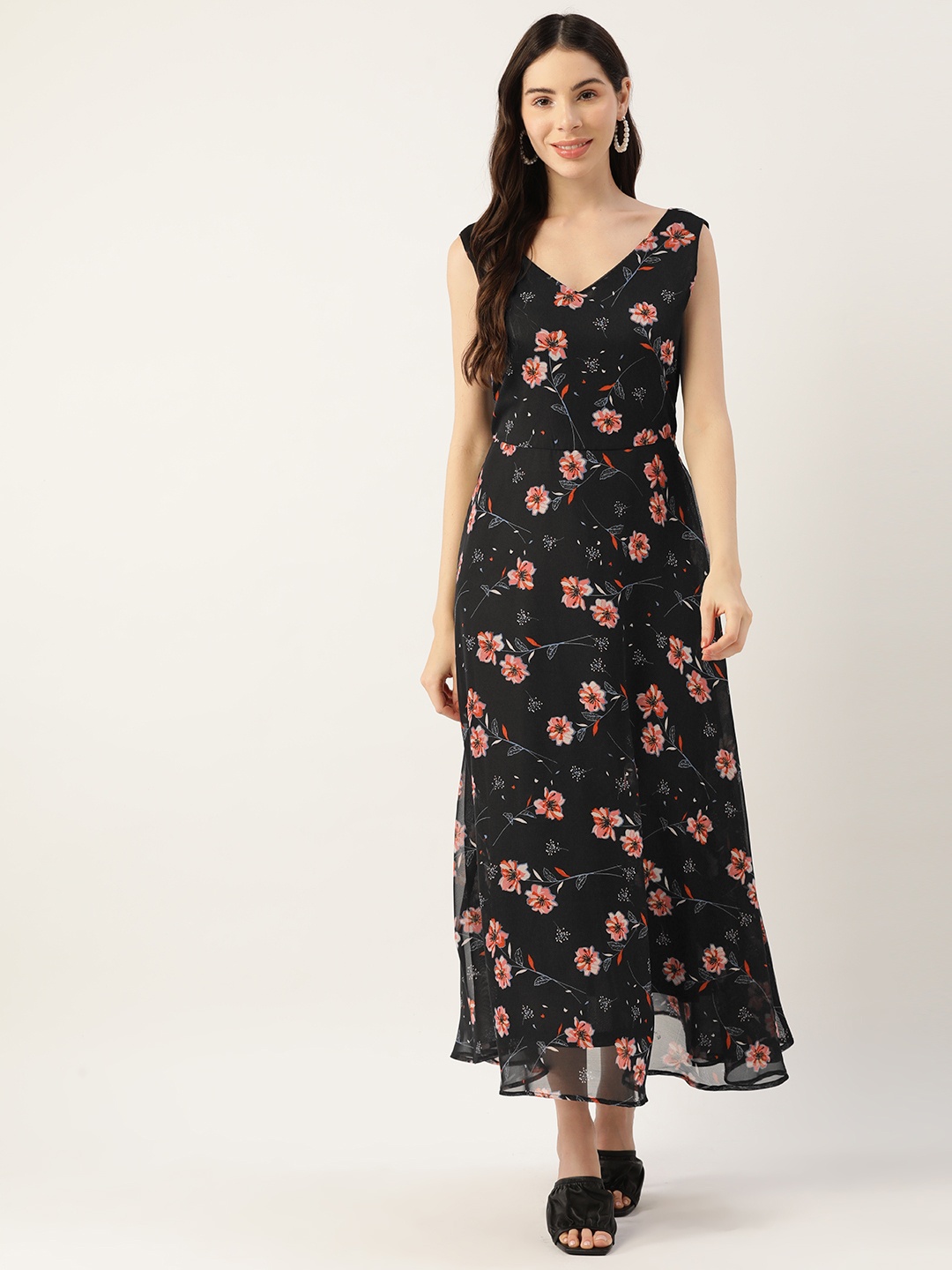 

Deewa Black & Pink Floral Georgette Maxi Dress