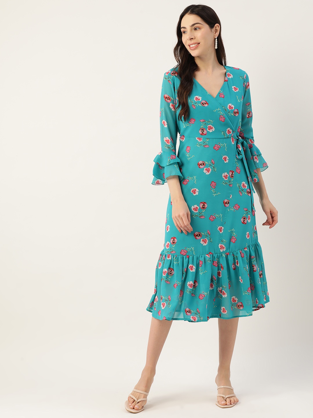 

Deewa Turquoise Blue Floral Georgette Midi Dress