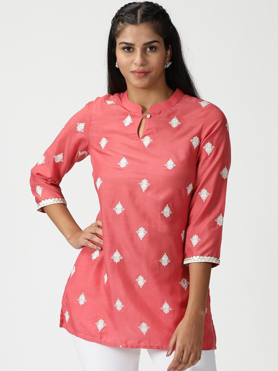 

Saffron Threads Ethnic Motifs Embroidered Tunic, Coral