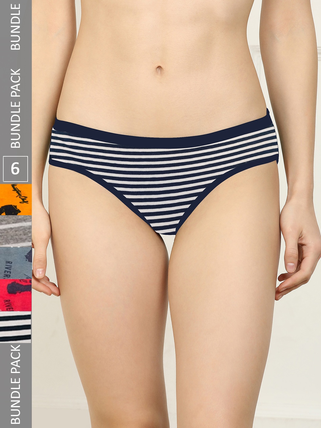 

AROUSY Women Pack Of 6 Assorted Self-Designed Hipster Briefs, Navy blue