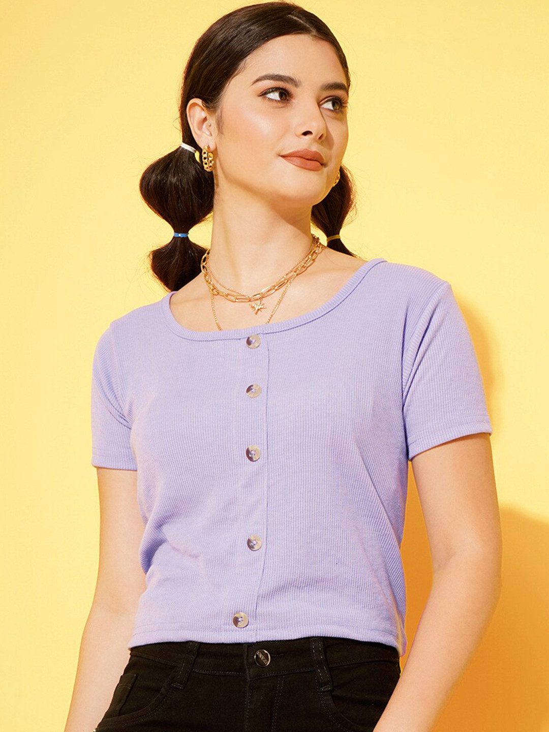 

Purple Feather Short Sleeve Regular Top, Lavender