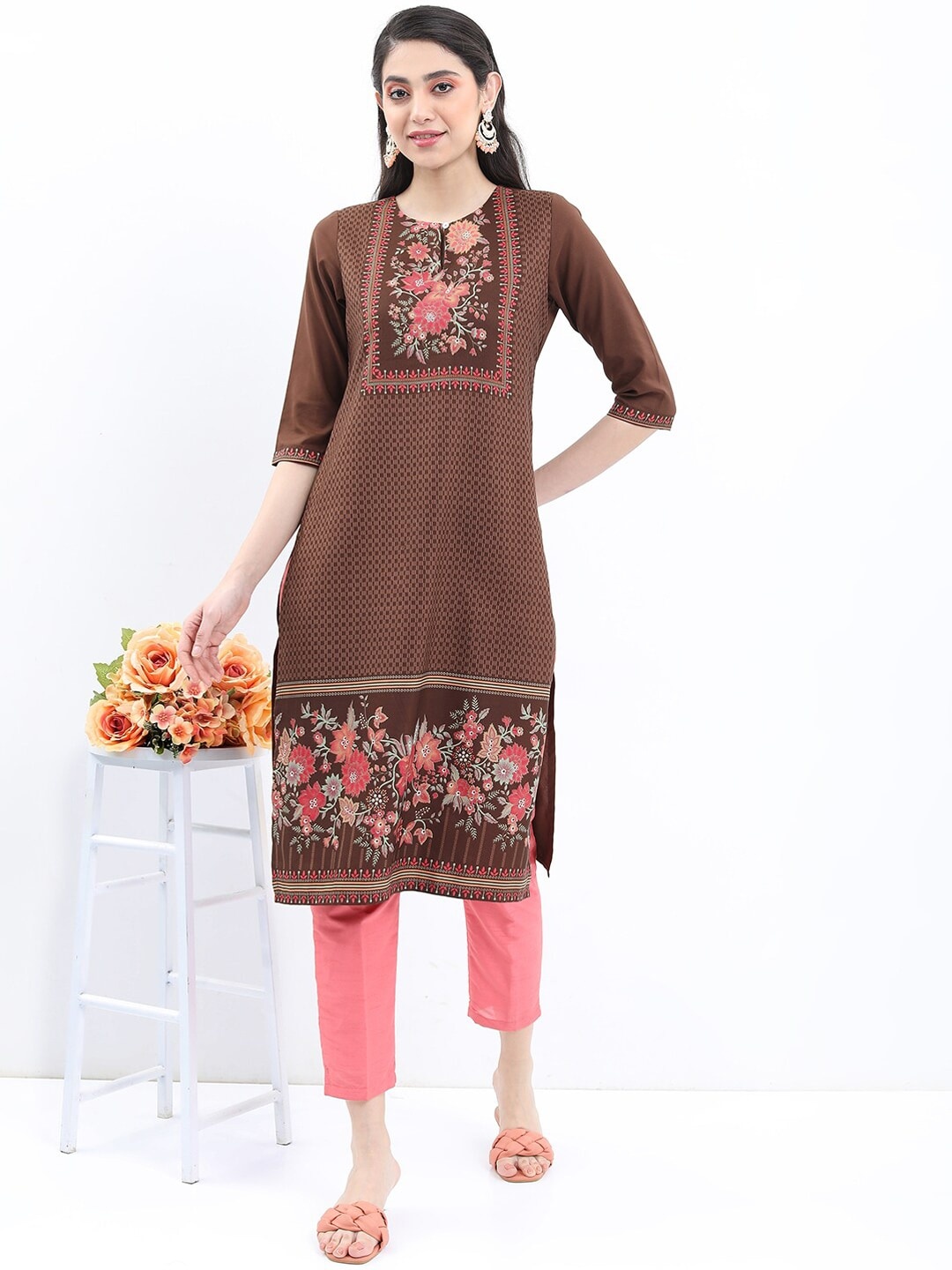 

KETCH Women Floral Printed Kurta, Brown