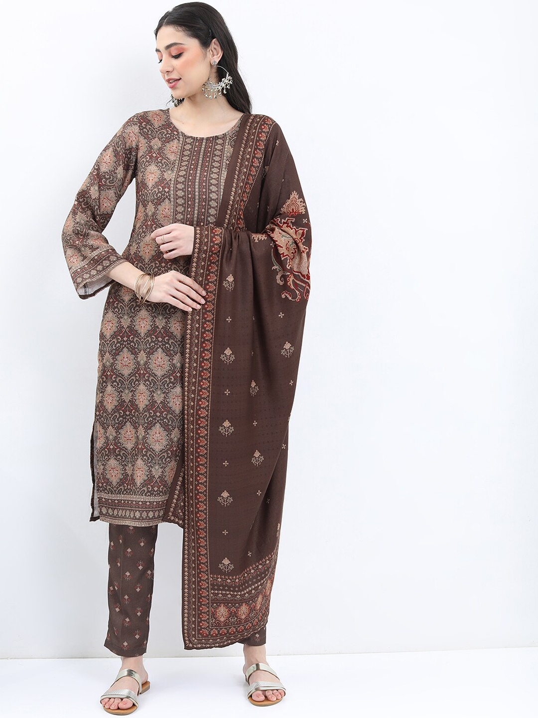 

KETCH Ethnic Motifs Faux Pashmia Printed Kurta with Trousers & Dupatta, Camel brown