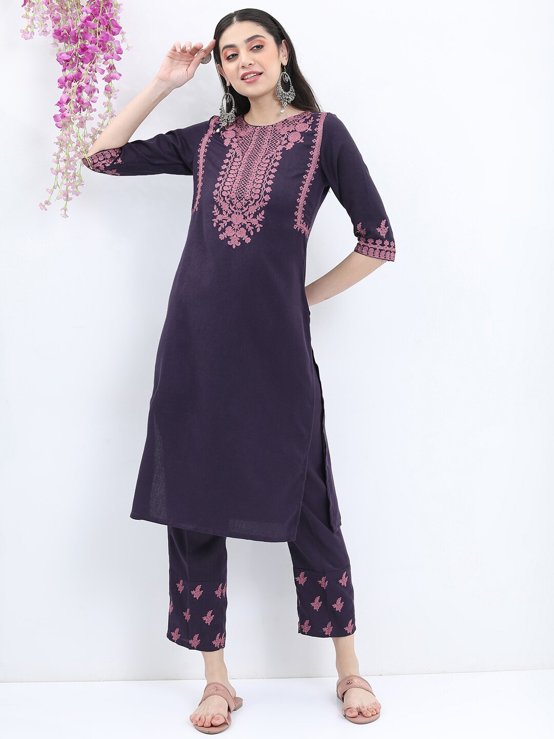 

KETCH Floral Embroidered Kurta with Trousers, Purple