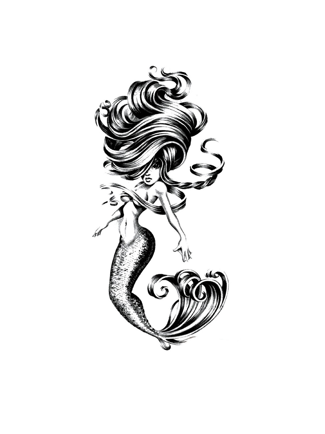 

S.A.V.I. Sea Mermaid Long Hair Water Proof & Long Lasting Temporary Tattoo Sticker - Black