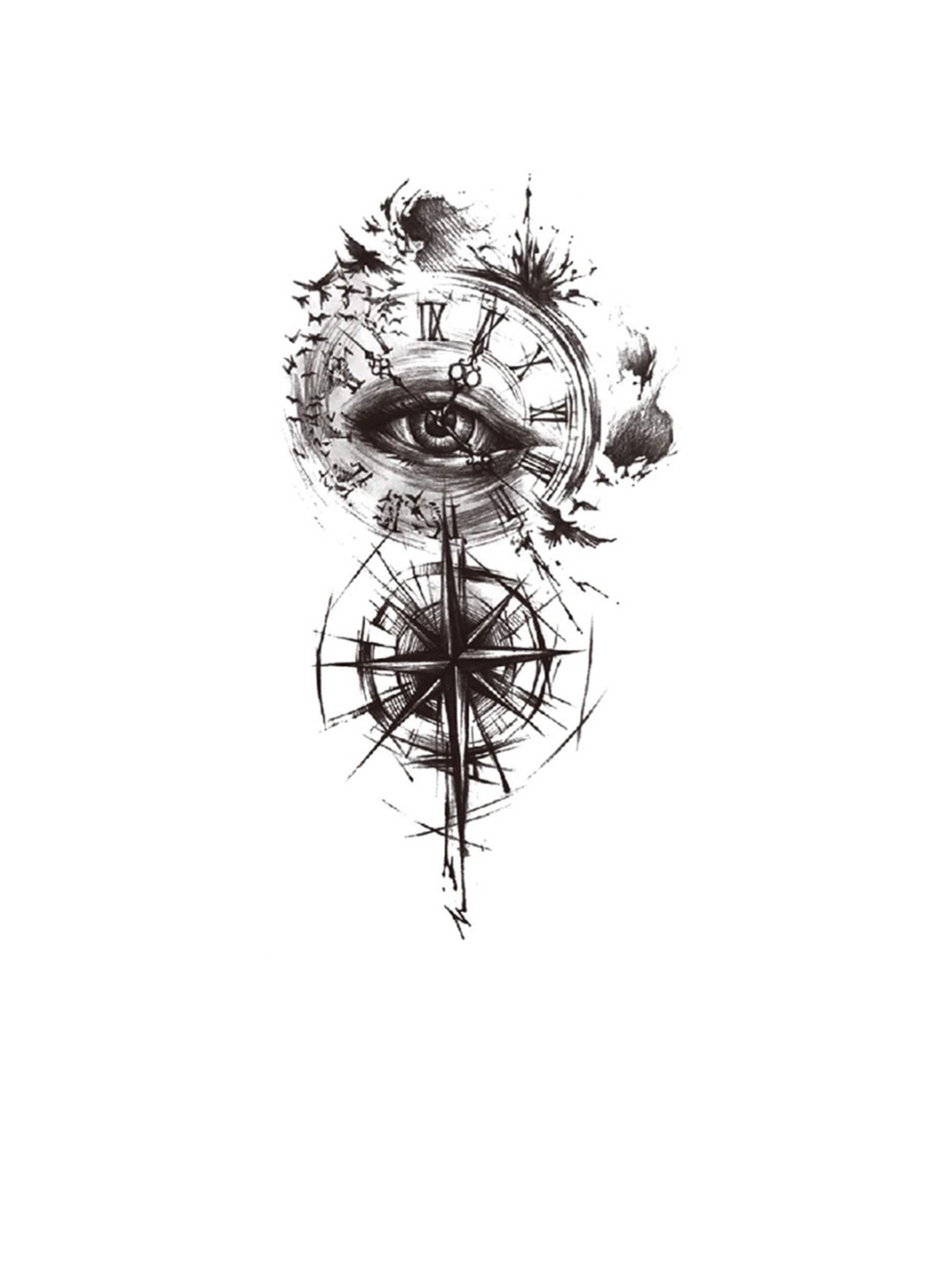 

S.A.V.I. Scarry Eye Clock Birds Compass Temporary Tattoo Stickers, Black