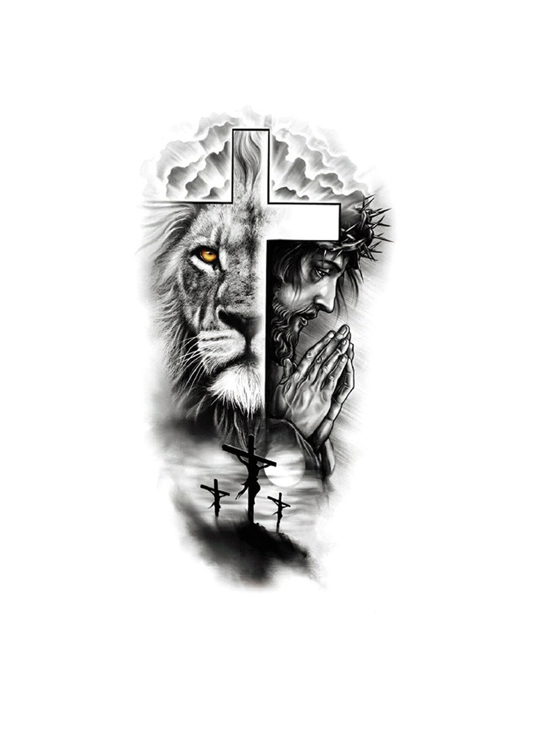 

S.A.V.I. Lion Face Half Cross Jesus Hanging Temporary Tattoo Stickers, Black