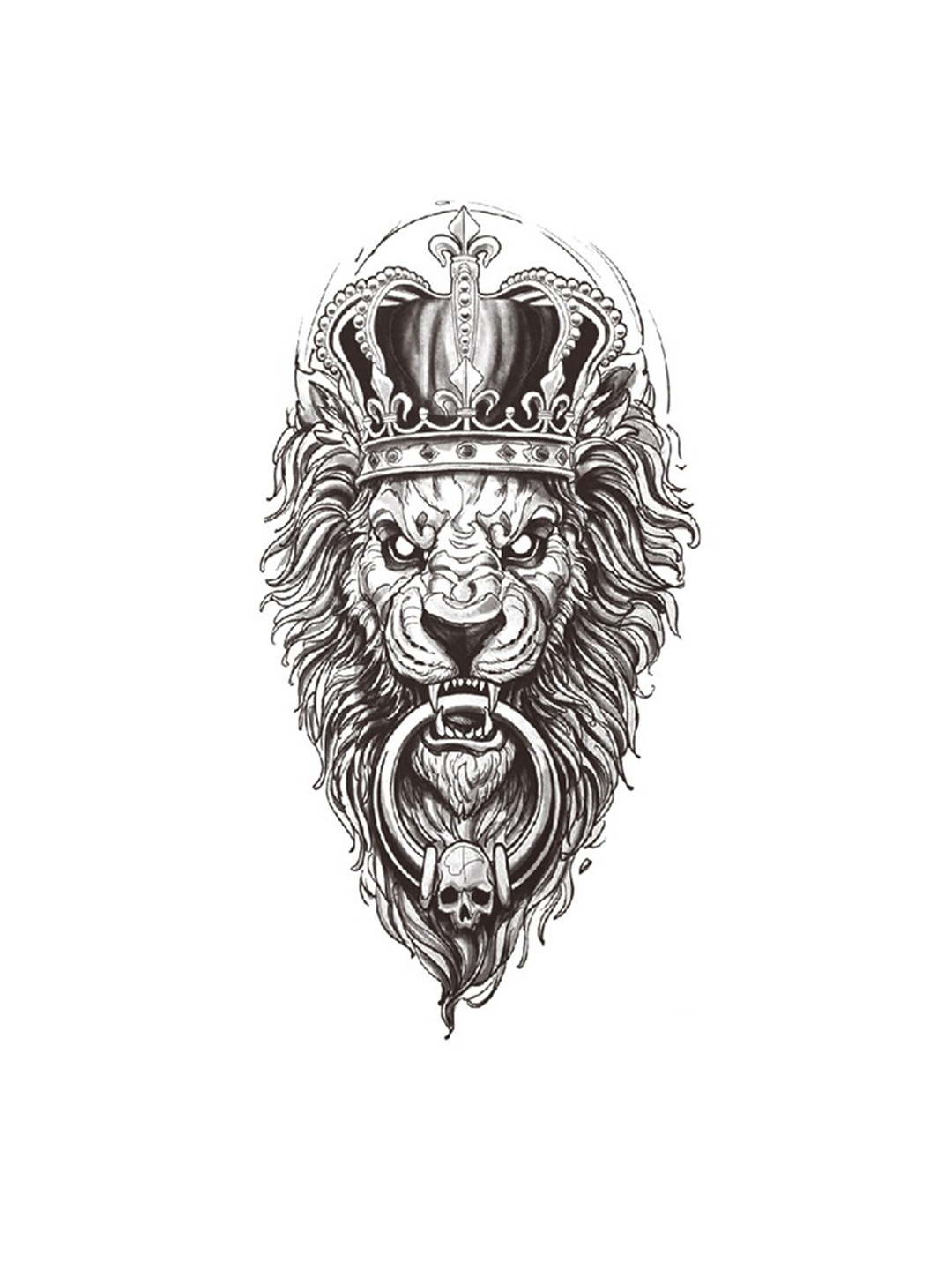 

S.A.V.I. Crown On Lion Ring In Mouth Pattern Temporary Tattoo Stickers, Black