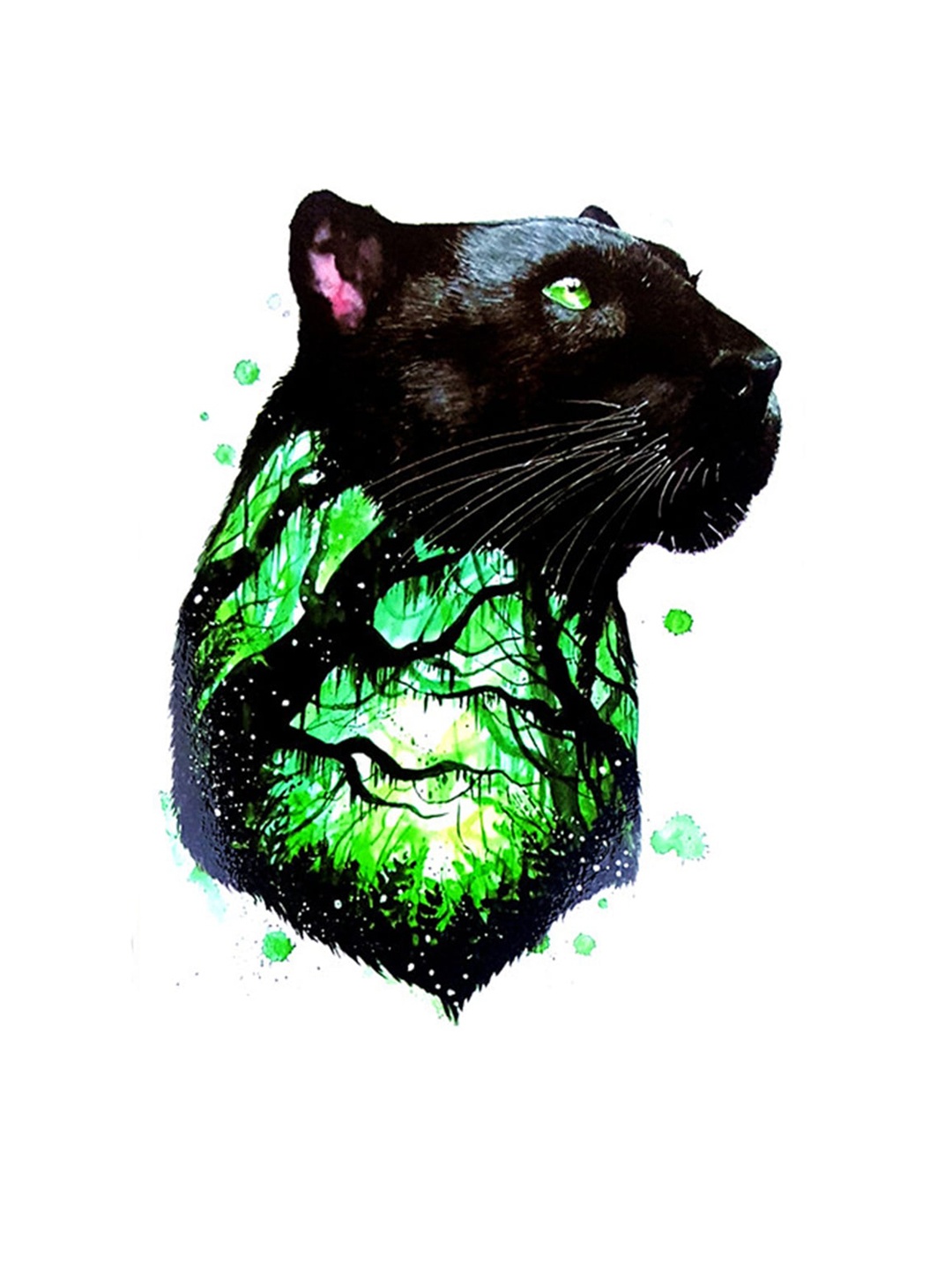 

S.A.V.I. 3D Black Wolf Jungle View Face Temporary Tattoo Sticker - Green & Black