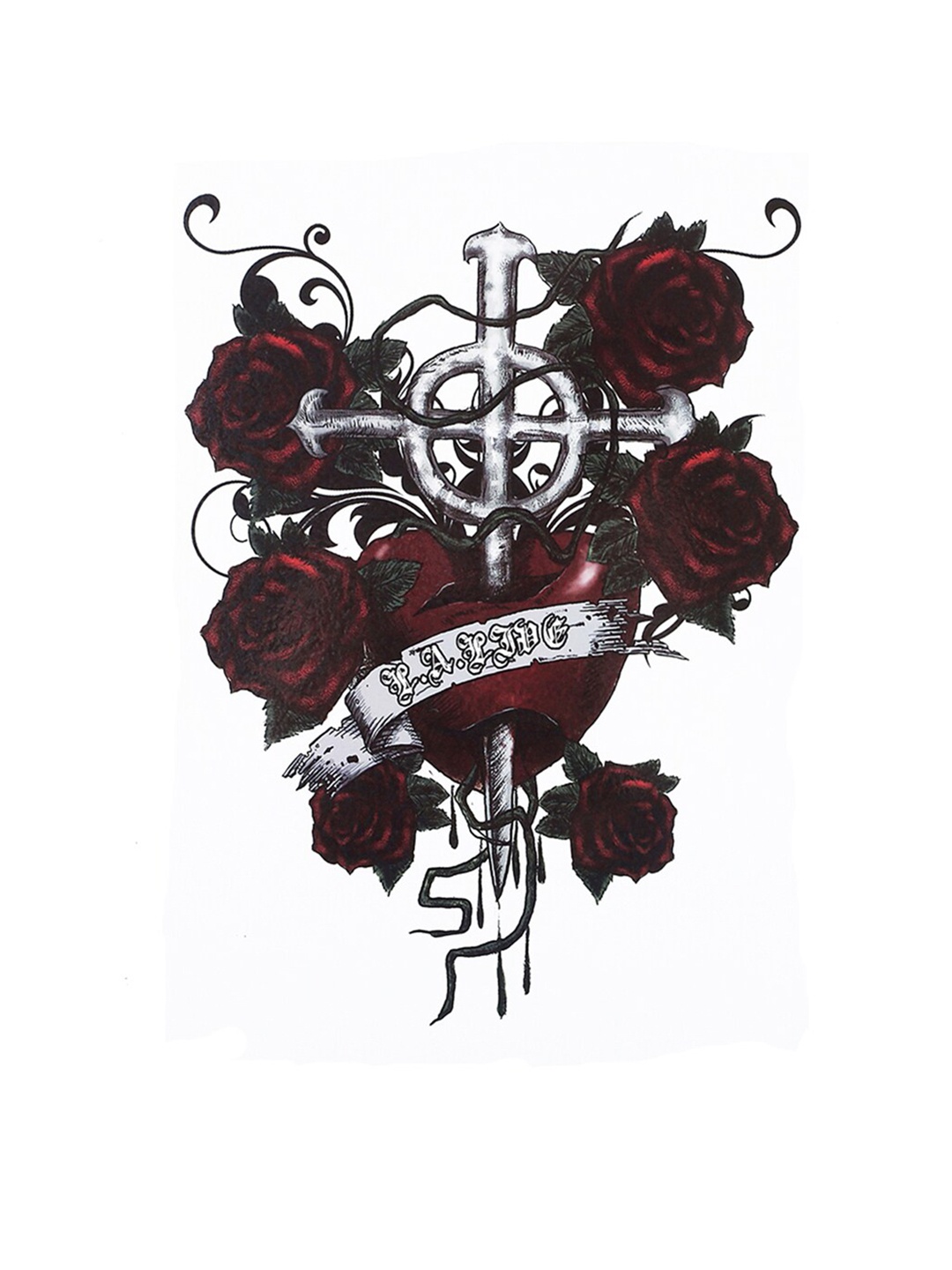 

S.A.V.I. Beautiful Heart Cross Roses Waterproof 3D Temporary Tattoo Sticker, Black