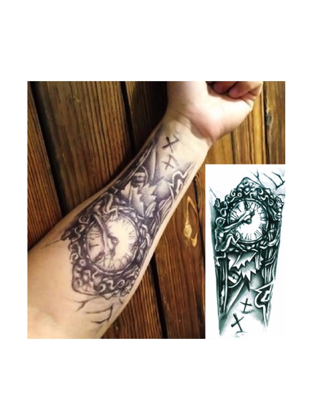 

S.A.V.I. Water Proof & Long Lasting 3D Temporary Ancient Clock Hand Tattoo Sticker, Black