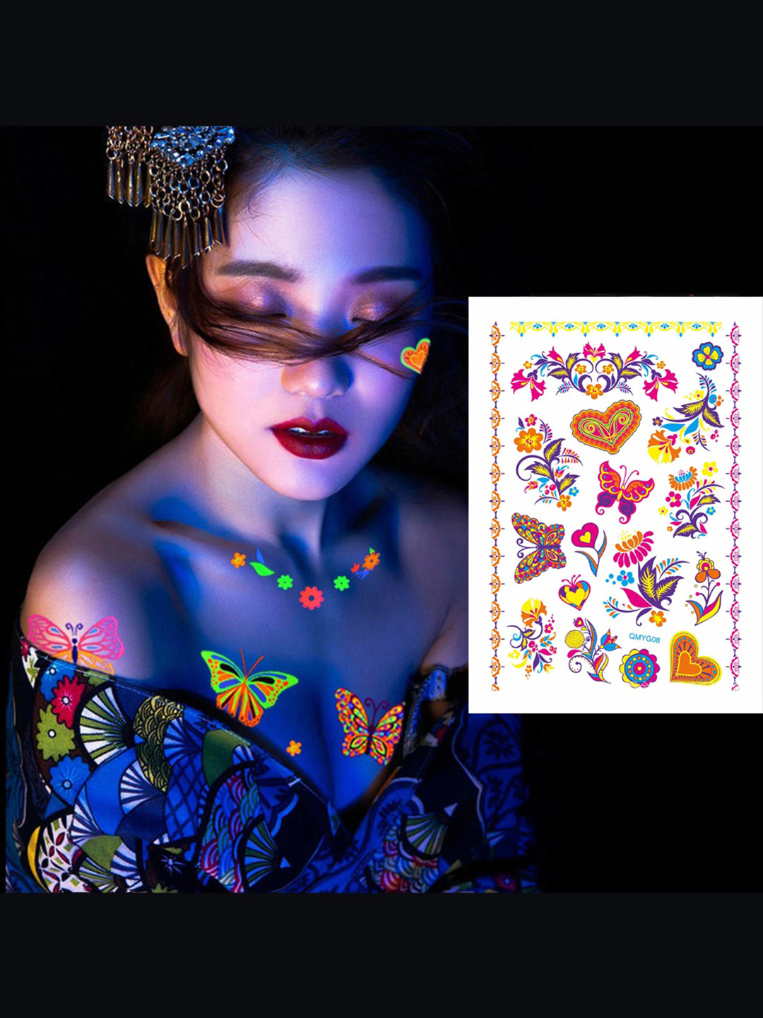 

S.A.V.I. UV Neon Hearts Flowers Butterflies For Body Face Skin Temporary Tattoo Stickers, Red