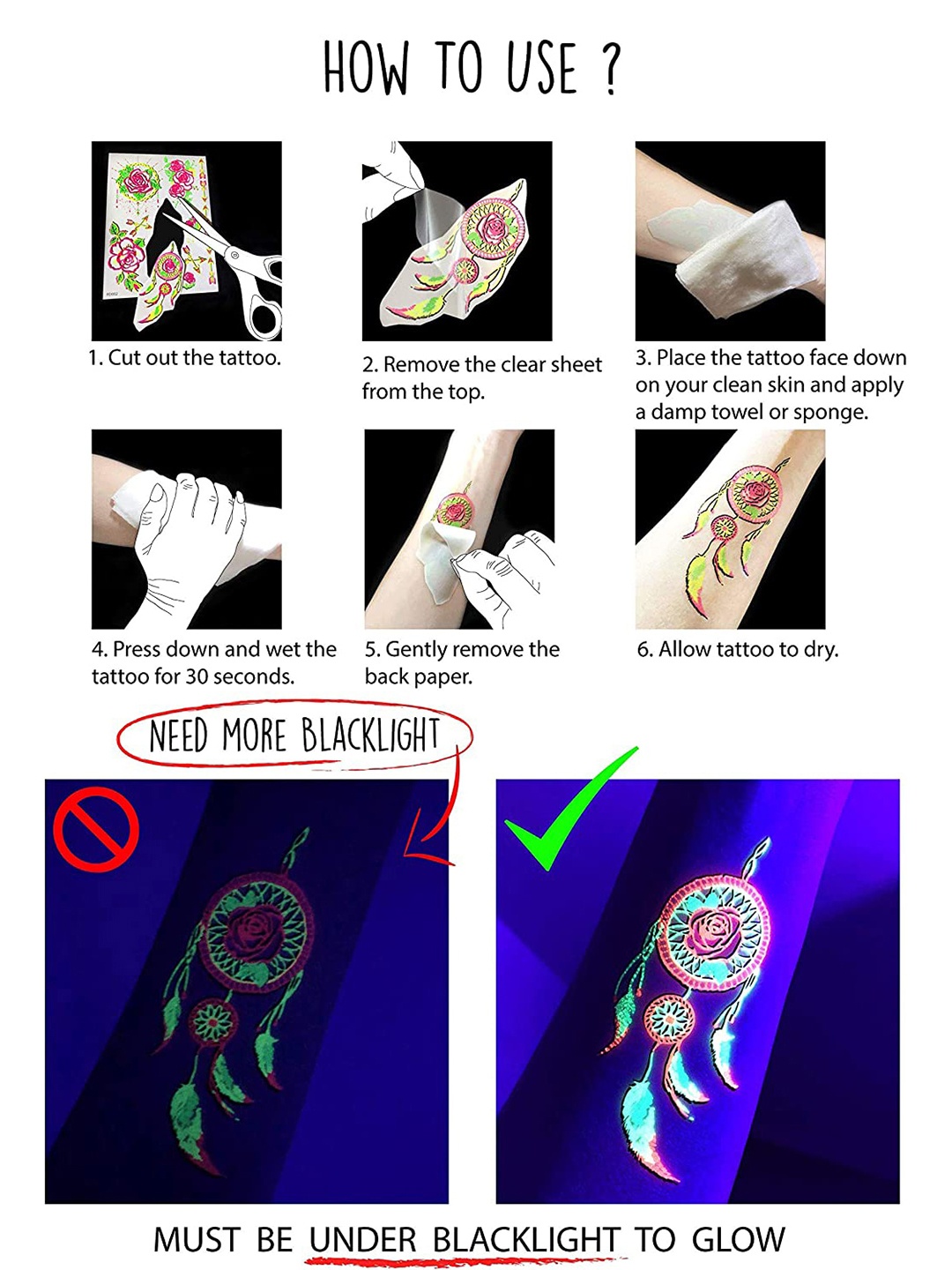 

S.A.V.I. Glow UV Neon Body Face Animal Water Proof & Long Lasting Temporary Tattoo Stickers, Blue
