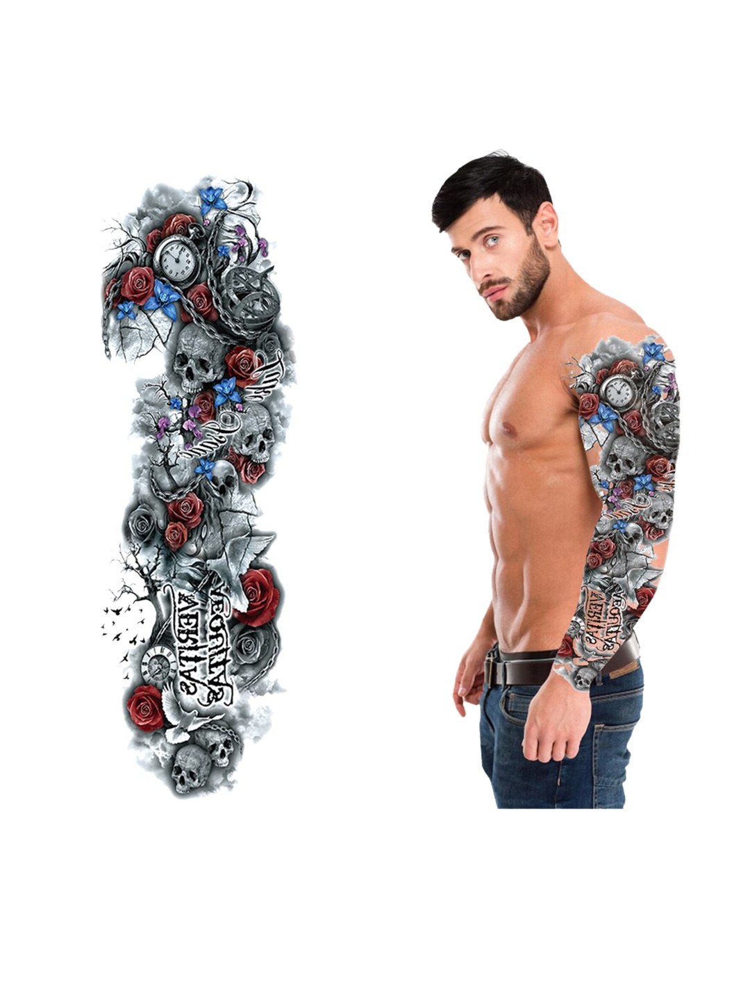 

S.A.V.I. 3D Rose Tribal Totem Full Arm Hand Temporary Tattoo Stickers, Black
