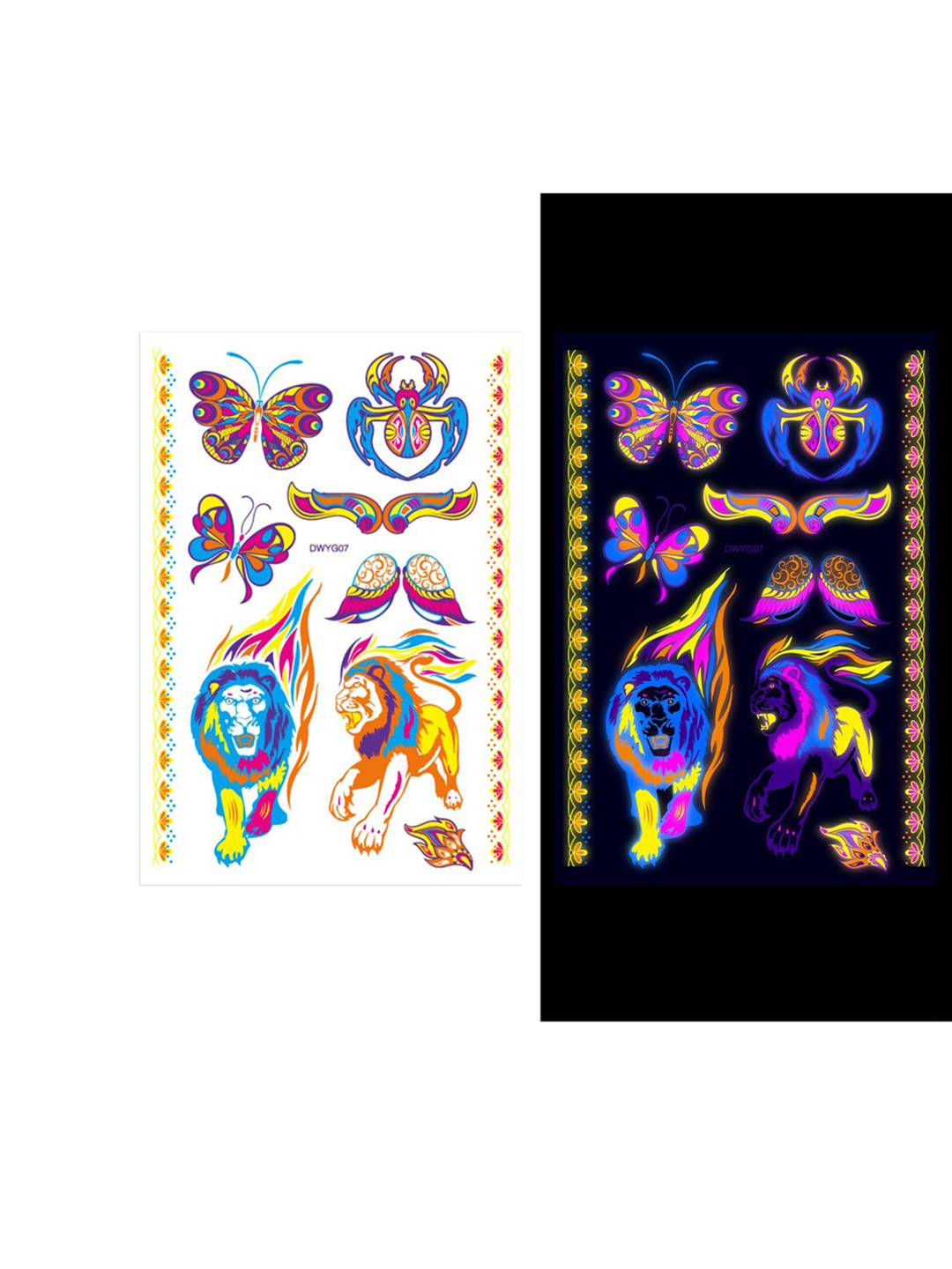 

S.A.V.I. Animal Lion Tiger Wolf Glow UV Neon Waterproof Temporary 3D Tattoo Stickers, Multi