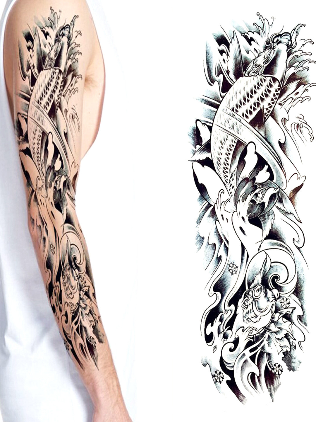 

S.A.V.I. Fish Waves Design Waterproof Full Arm Hand Temporary 3D Tattoo Sticker, Black