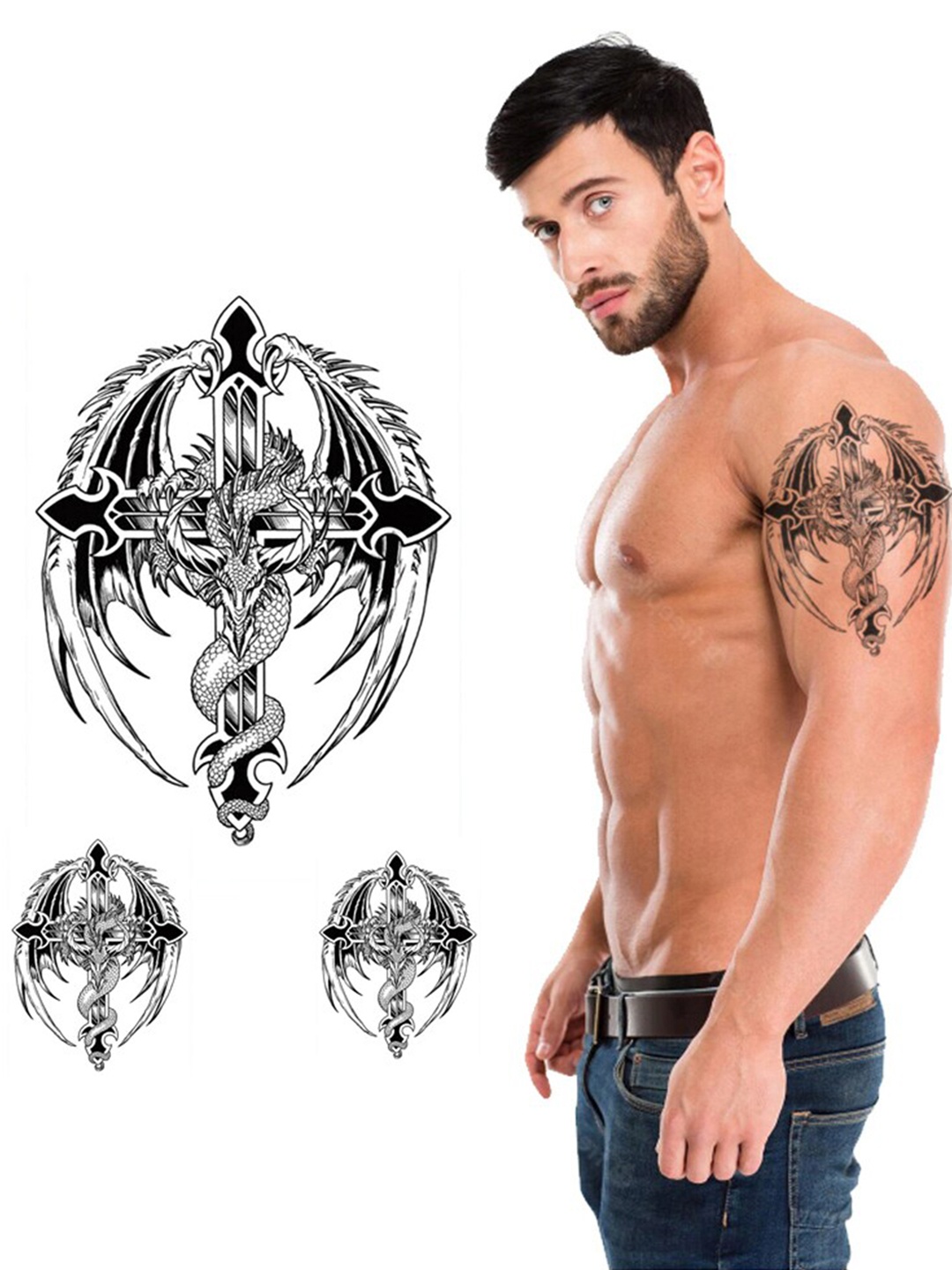 

S.A.V.I. Totem Cross Wings Dragon Waterproof Long Lasting Temporary 3D Tattoo Sticker, Black