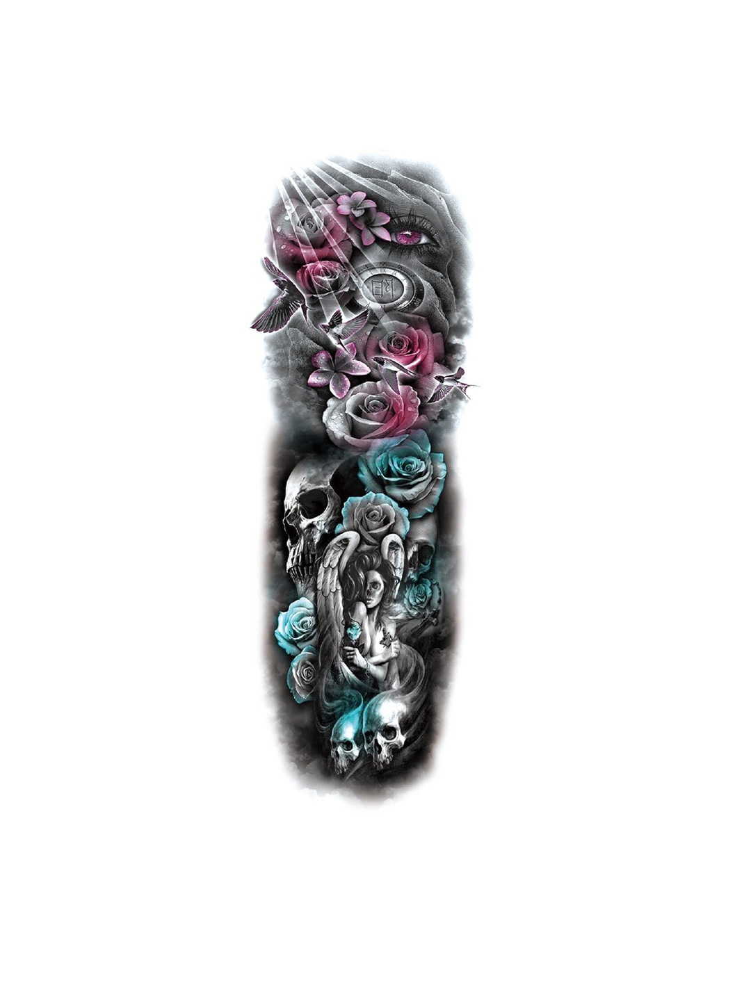 

S.A.V.I. Eyes Roses Bird Skulls Wing Waterproof Full Arm Hand Temporary 3D Tattoo Sticker, Black