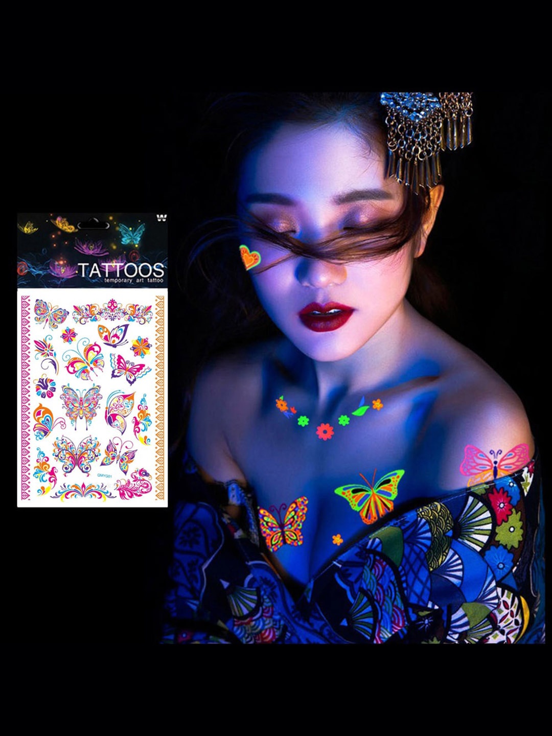 

S.A.V.I. Butterflies Flowers Glow UV Neon Temporary 3D Tattoo Stickers, Multi
