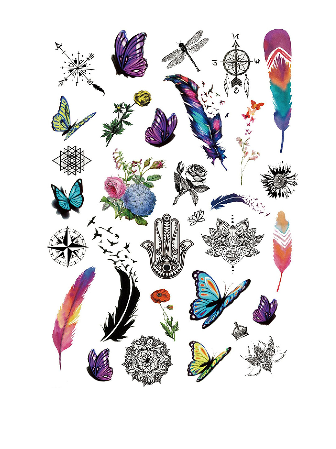 

S.A.V.I. Feathers Butterfly Birds Compass Totem Waterproof Temporary 3D Tattoo Stickers, Multi