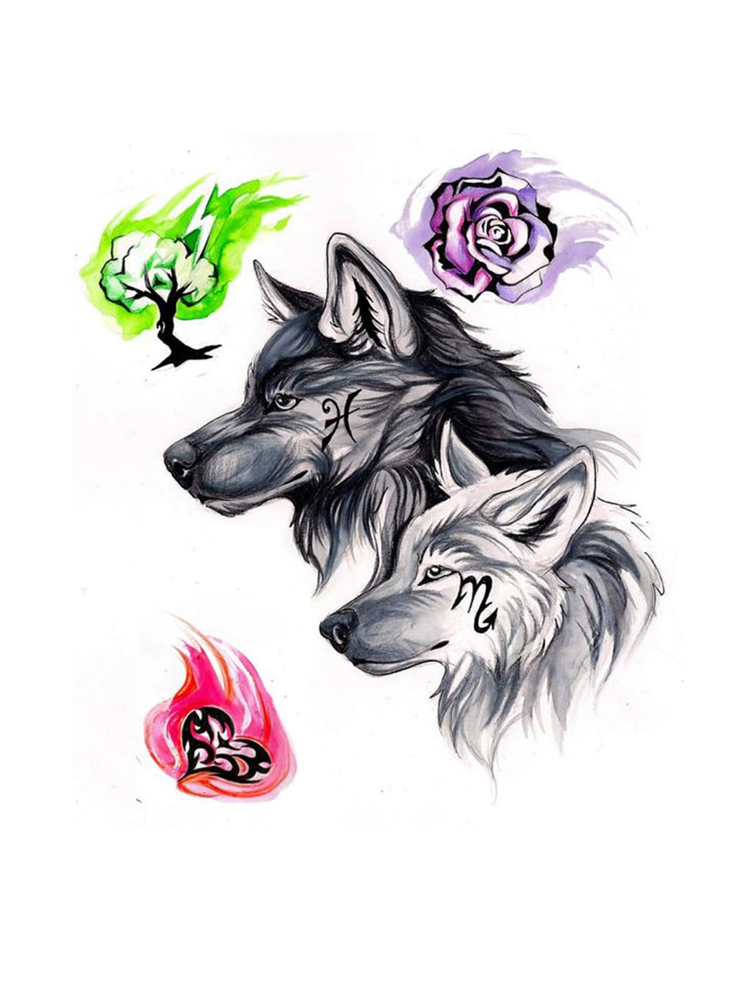 

S.A.V.I. Lucky Wolves Couple Love Design Temporary 3D Tattoo Stickers, Multi