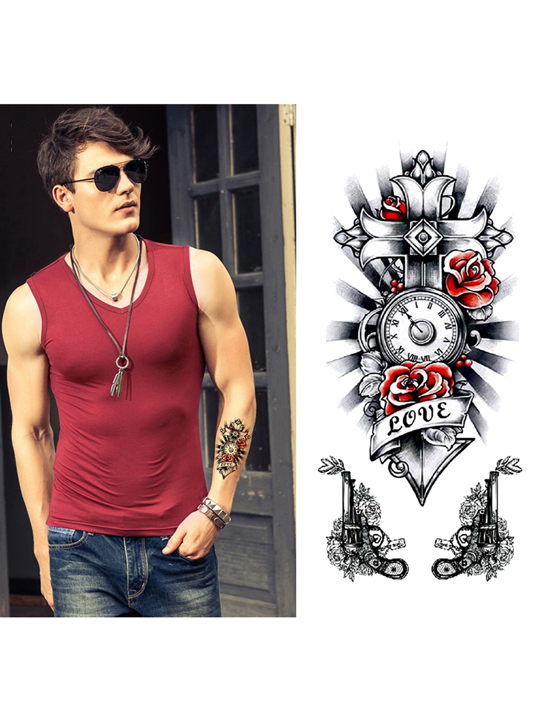 

S.A.V.I. 3D Beautiful Clock Rose Cross Love Guns Temporary Tattoo Stickers, Black