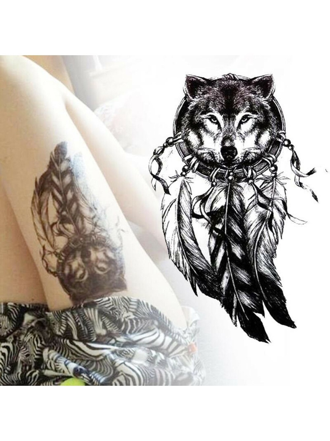 

S.A.V.I. Water Proof & Long Lasting 3D Wolf Dream Catcher Temporary Tattoo Sticker, Black