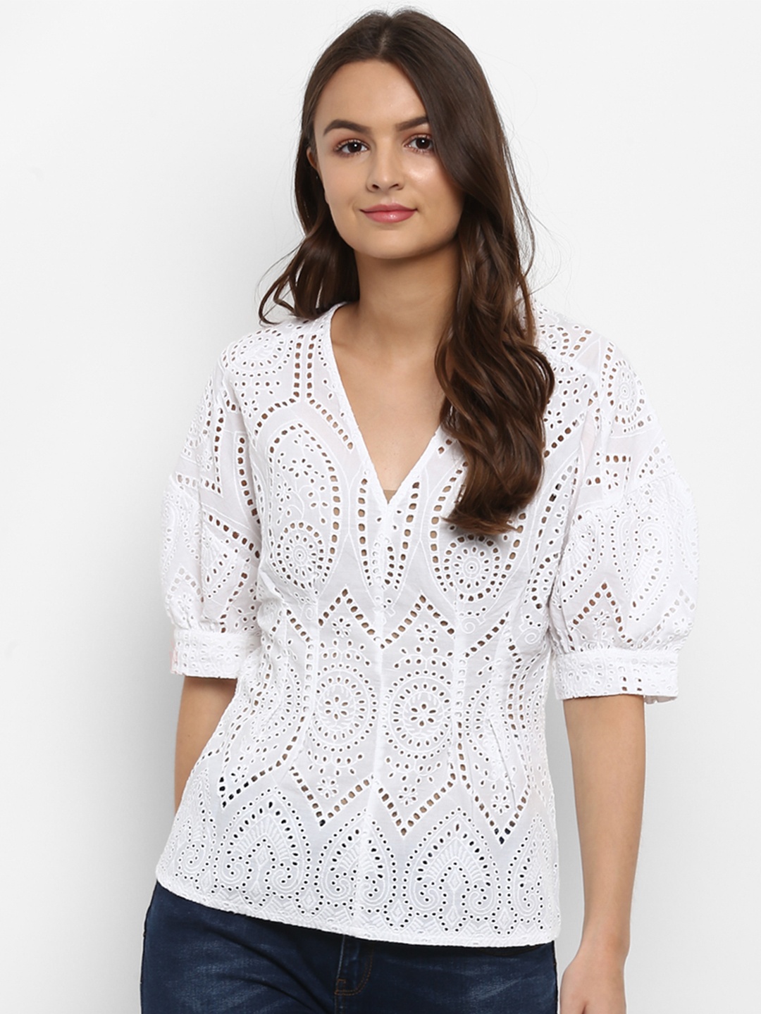 

Athah V-Neck Puff Sleeves Cotton Top, White