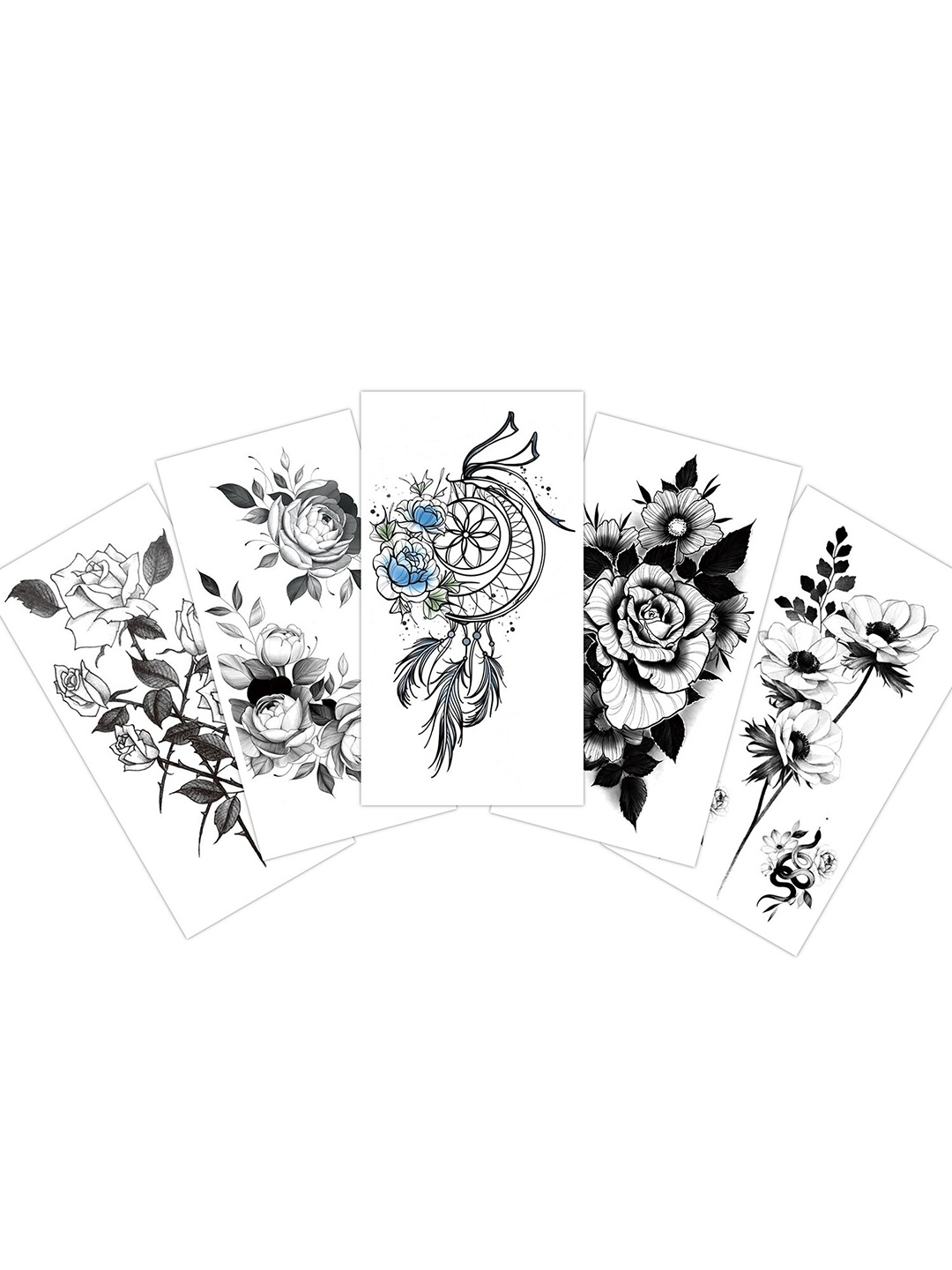 

S.A.V.I. Set of 5 Rose Flowers & Dream Catcher Designs 3D Temporary Tattoo Stickers, Black