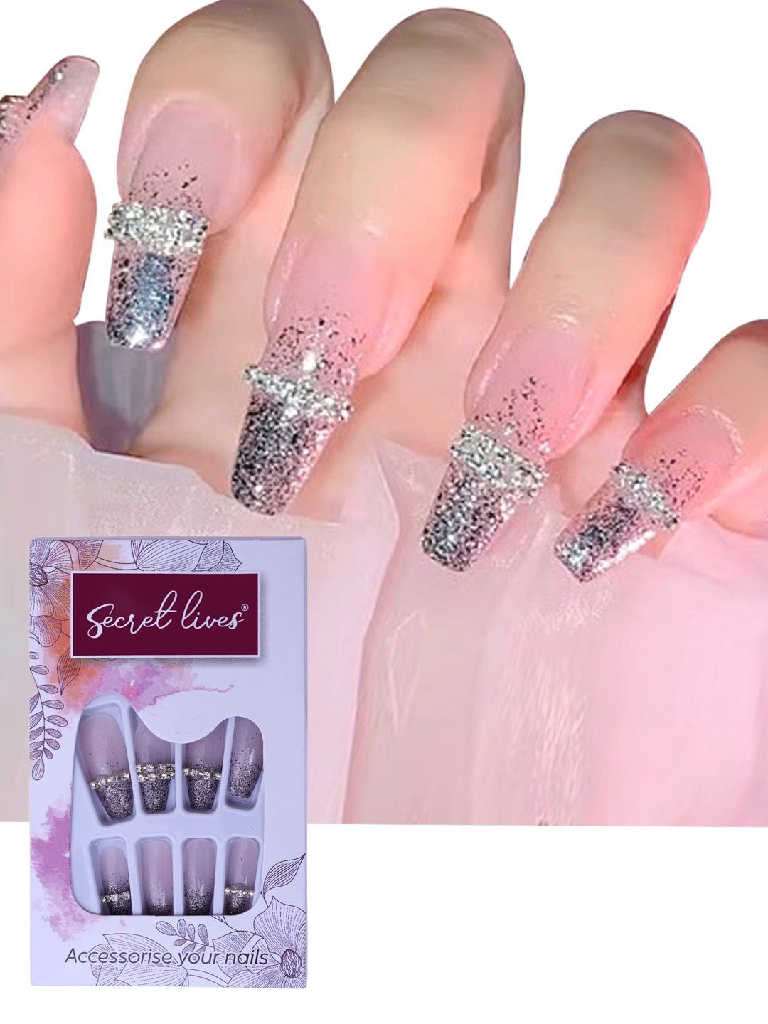 

Secret Lives Translucent 24 Pieces Glitter Ring Stud Fake Nails - Pink