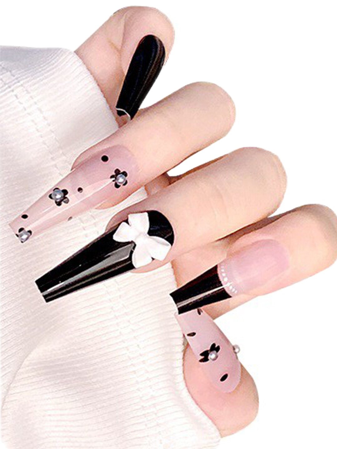 

Secret Lives Translucent 24 Pieces Fake Nails With Pearls - Pink & Black