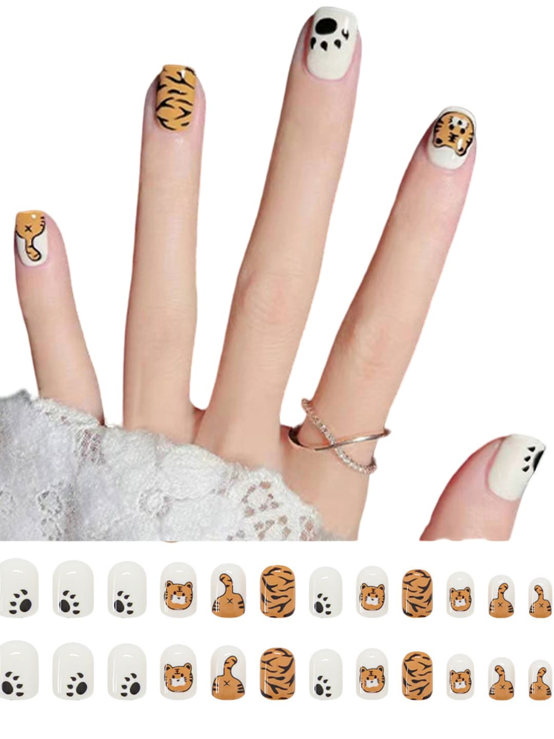 

Secret Lives 24 Pieces Cute Tiger Cub Design Fake Nails - Cream