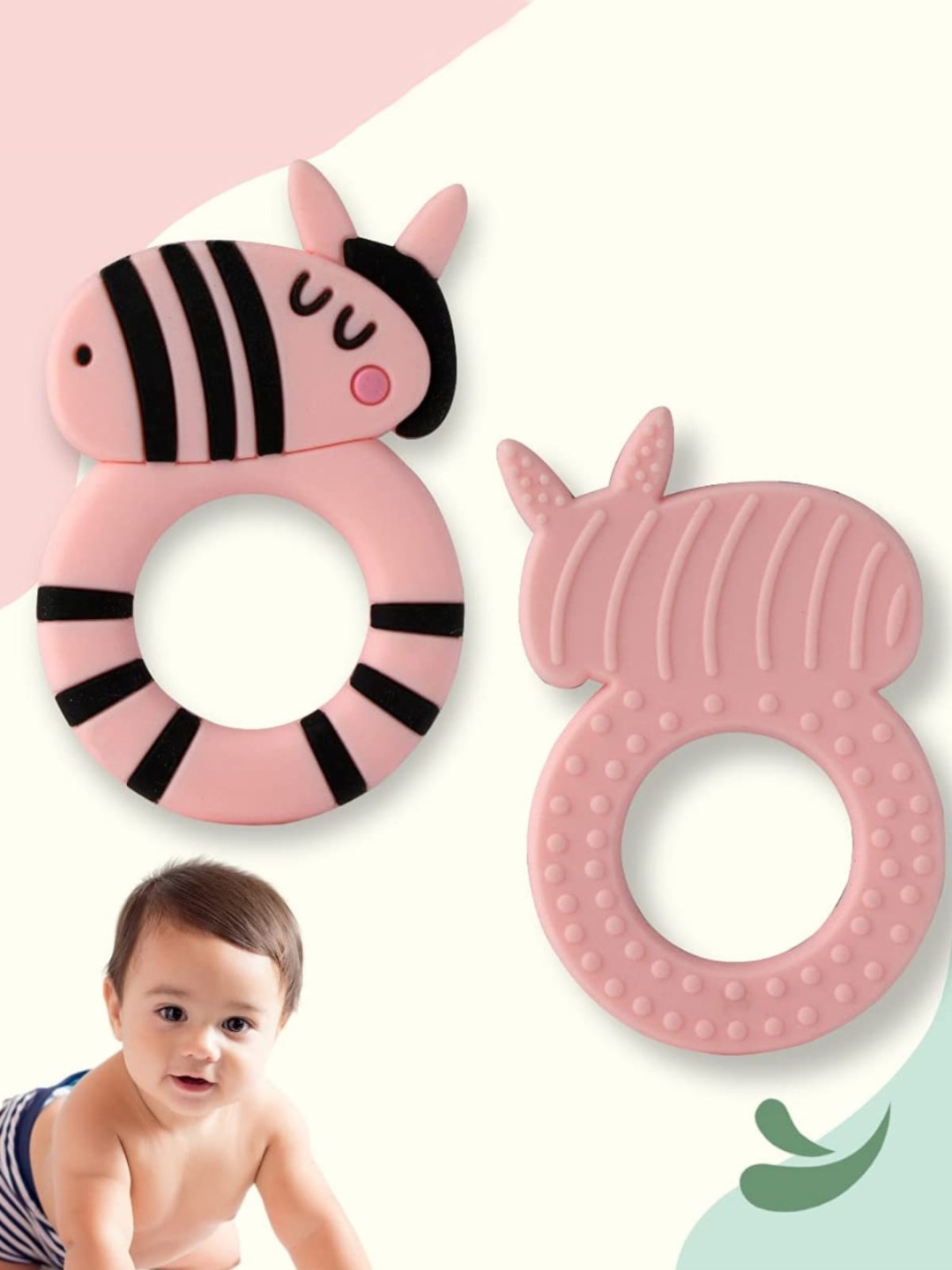 

YOUSTYLO Infants Textured Zebra-Shaped Silicone Chewable Teether, Pink